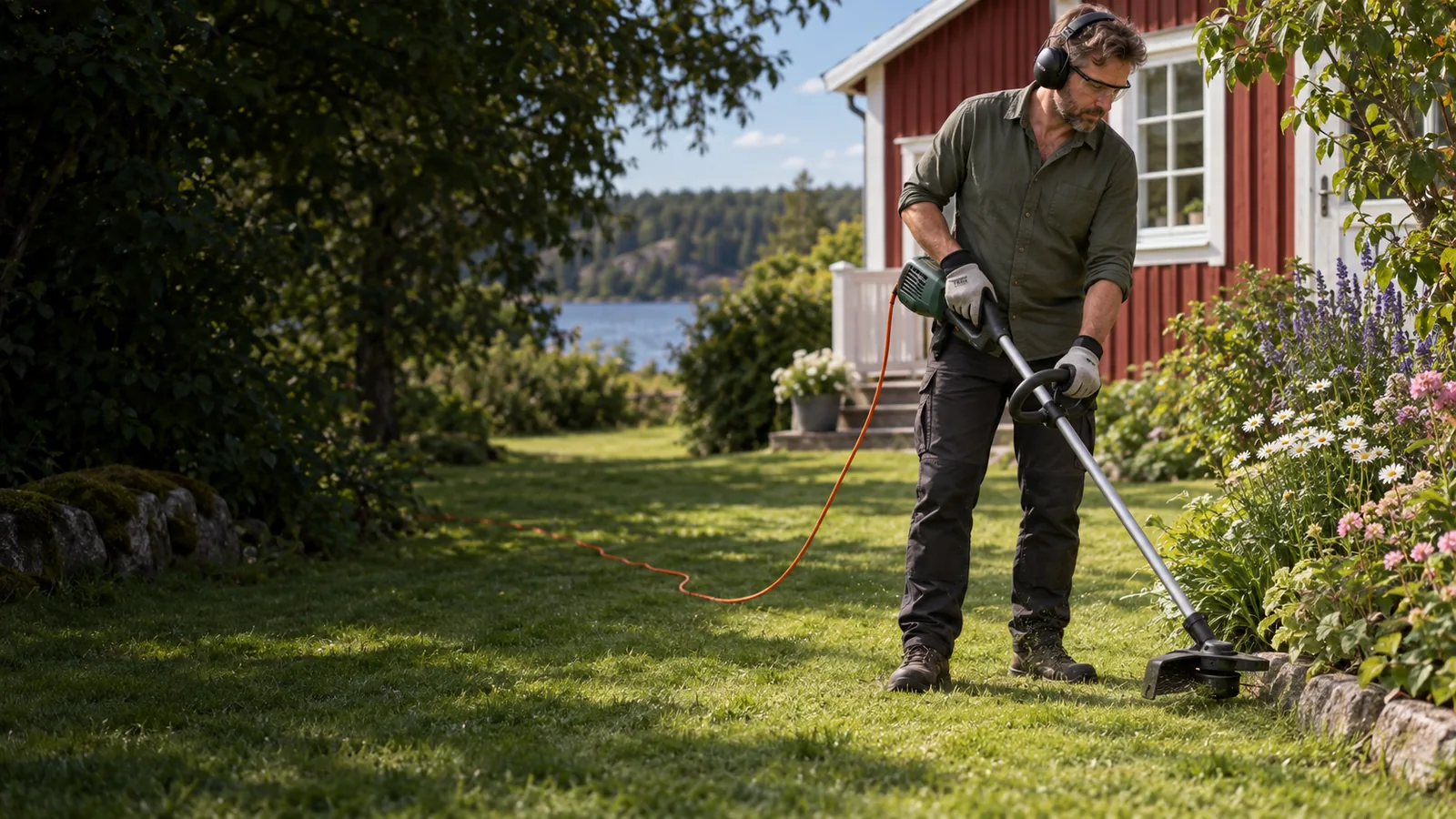 Person som trimmar gräs längs ett staket med en eldriven trimmer och förlängningssladd