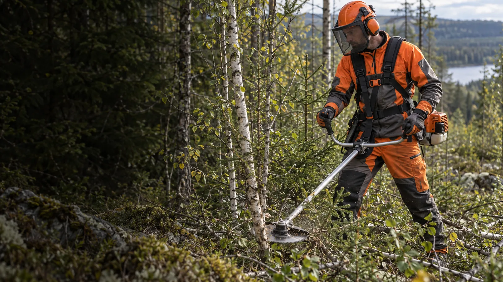 Skogsarbetare med hjälm och sele röjer ungskog med en skogsröjsåg med sågklinga