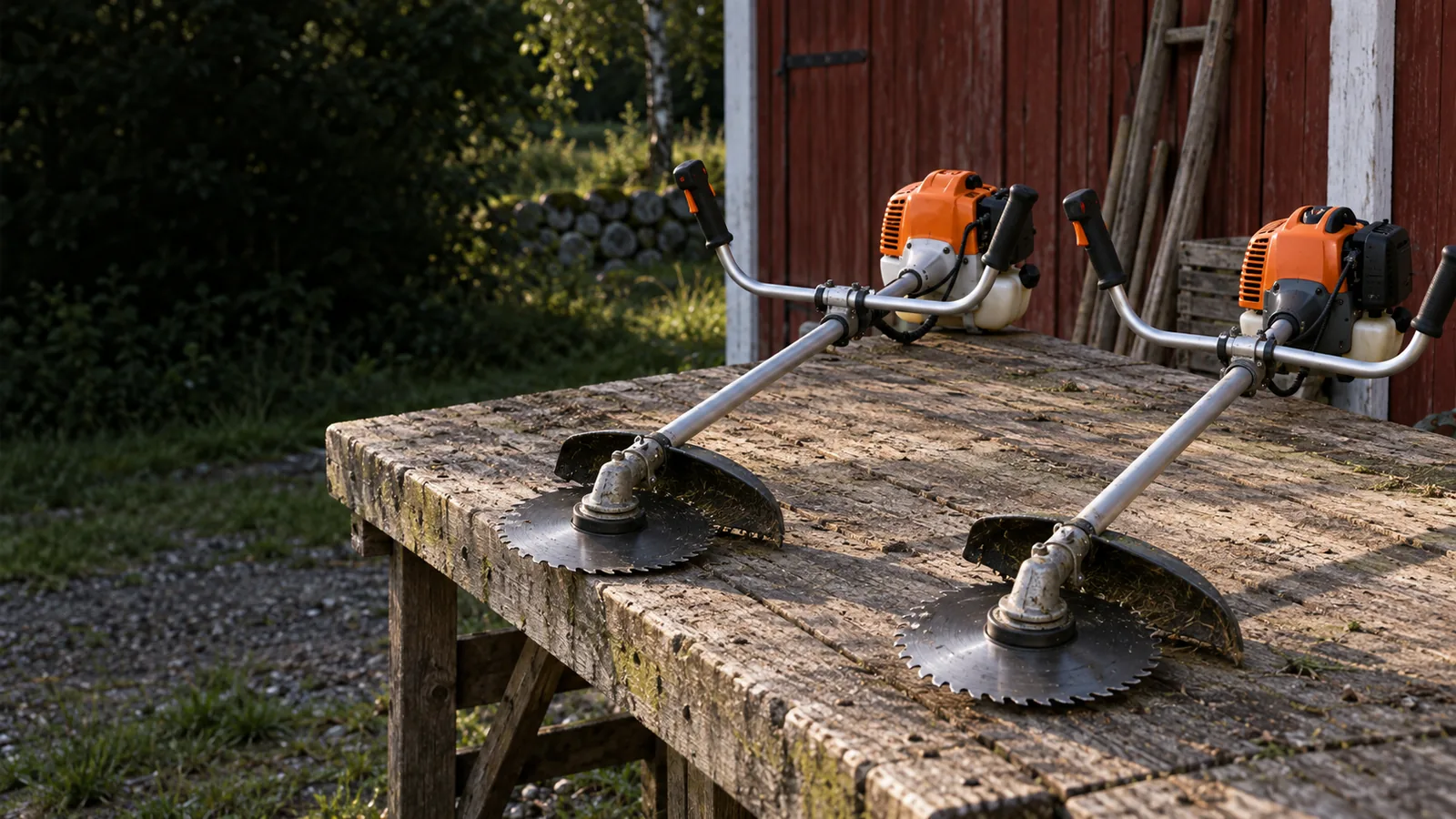 Två röjsågar i proffsklass ligger bredvid varandra på mossan vid en skogskant